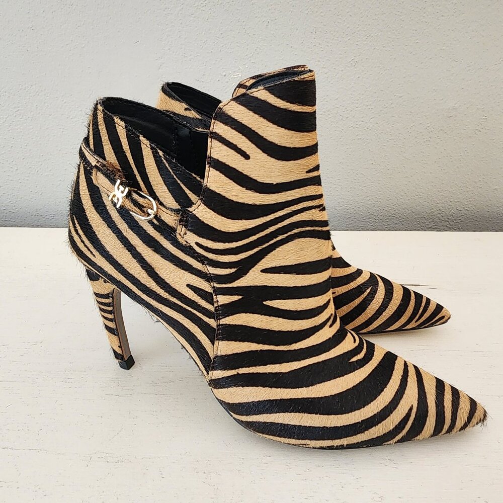 NEW Sam Edelman Fiora Dress Booties Tan & Brown Tiger Real Fur Cowhide Size 6.5